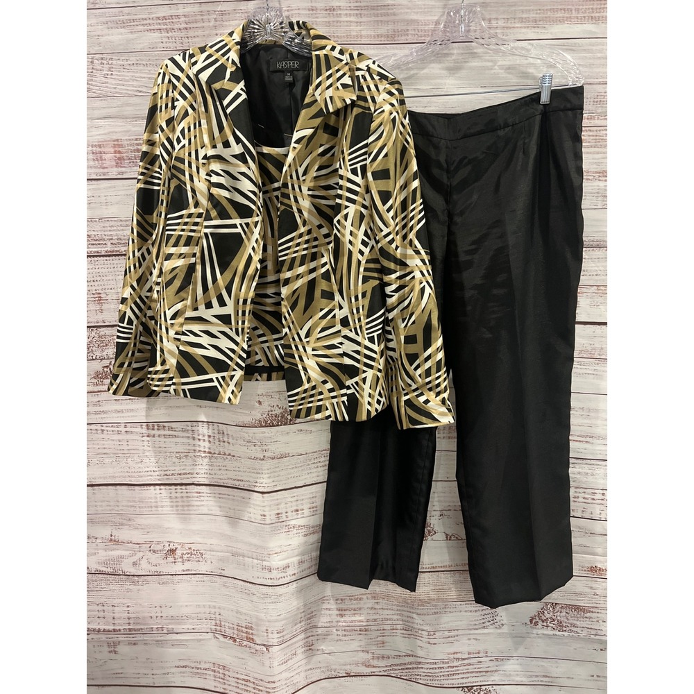 Kasper 3 Piece Pant Suit Set Size 14 Blazer Shell Trousers Gold Black Geometric